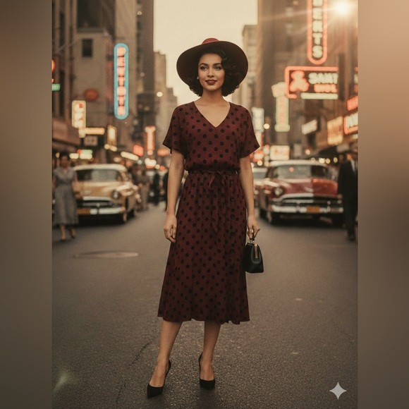 Mango Dresses & Skirts - Mango Burgundy Black Polka Dot Mod Pinup Retro Button Maxi Dress Size 8 New!